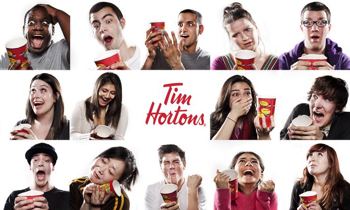 Tim Hortons 'roll up the rim" ad, with happy faces of young adult winners