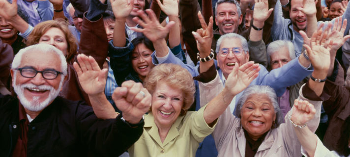 Older and younger adults cheering